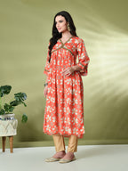 Myshka Women's Chinon Printed Alia-cut Kurta in Orange Color