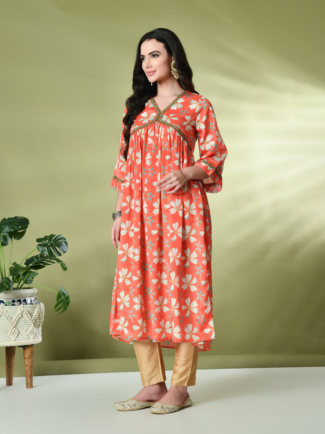 Myshka Women's Chinon Printed Alia-cut Kurta in Orange Color
