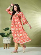 Myshka Women's Chinon Printed Alia-cut Kurta in Orange Color