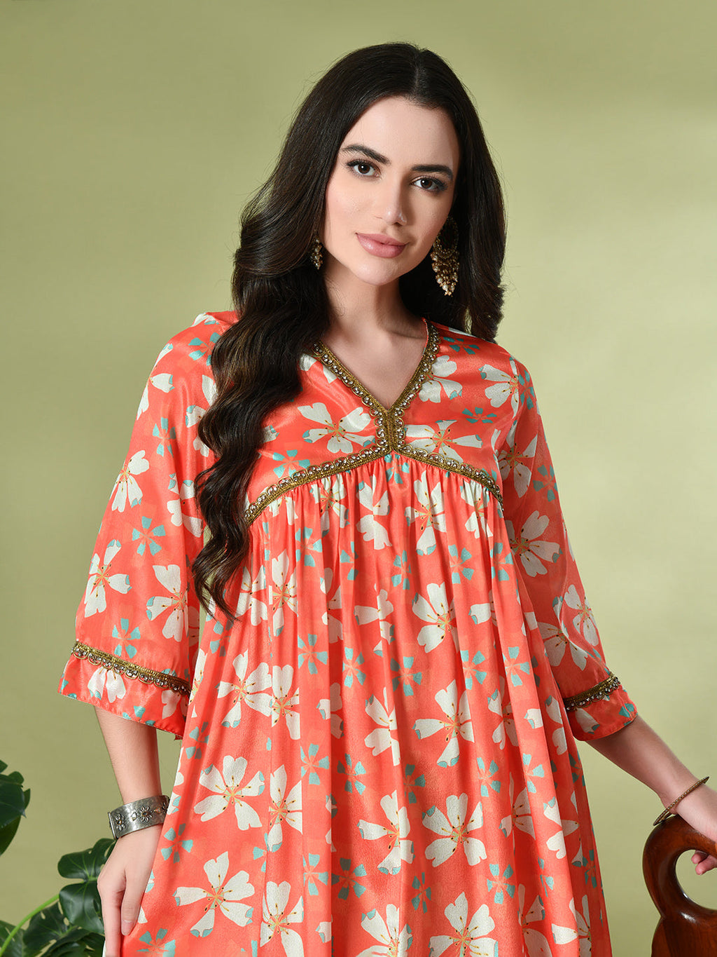 Myshka Women's Chinon Printed Alia-cut Kurta in Orange Color