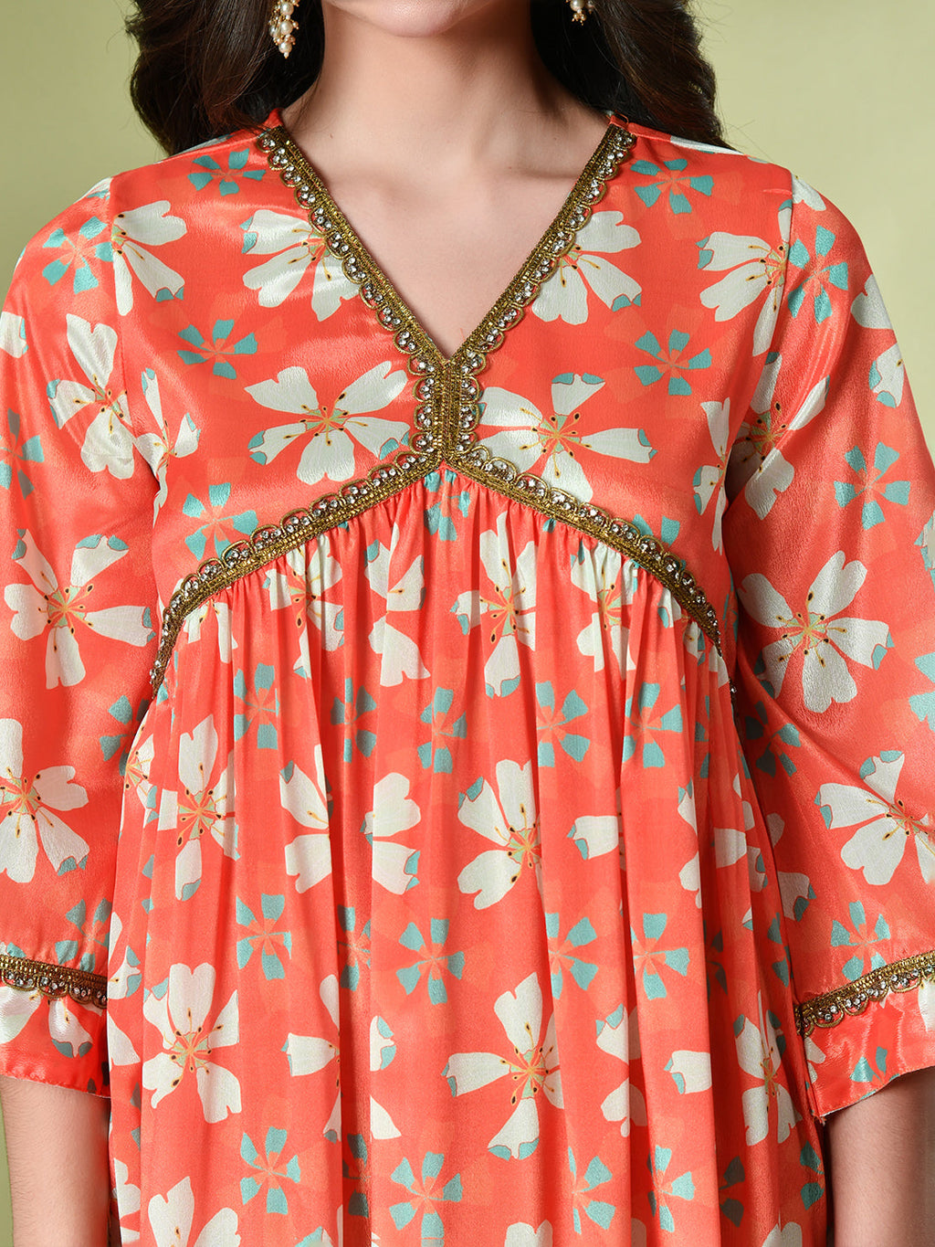 Myshka Women's Chinon Printed Alia-cut Kurta in Orange Color
