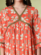 Myshka Women's Chinon Printed Alia-cut Kurta in Orange Color