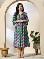 Myshka Women's Chinon Printed Alia-cut Kurta in Green Color