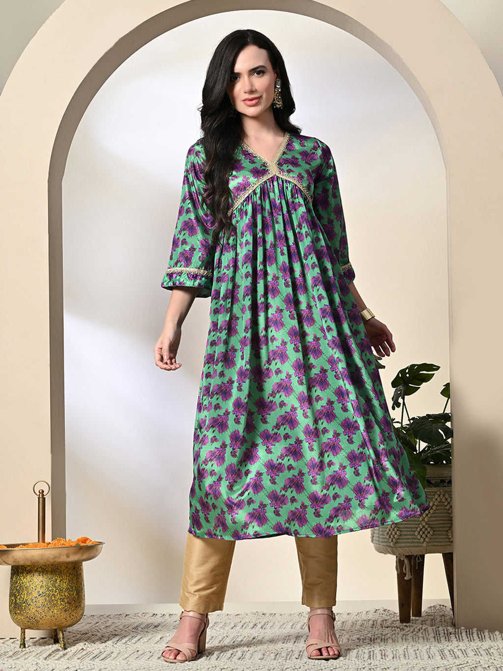 Myshka Women's Chinon Printed Alia-cut Kurta in Green Color