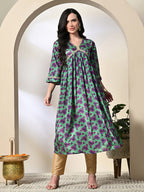 Myshka Women's Chinon Printed Alia-cut Kurta in Green Color
