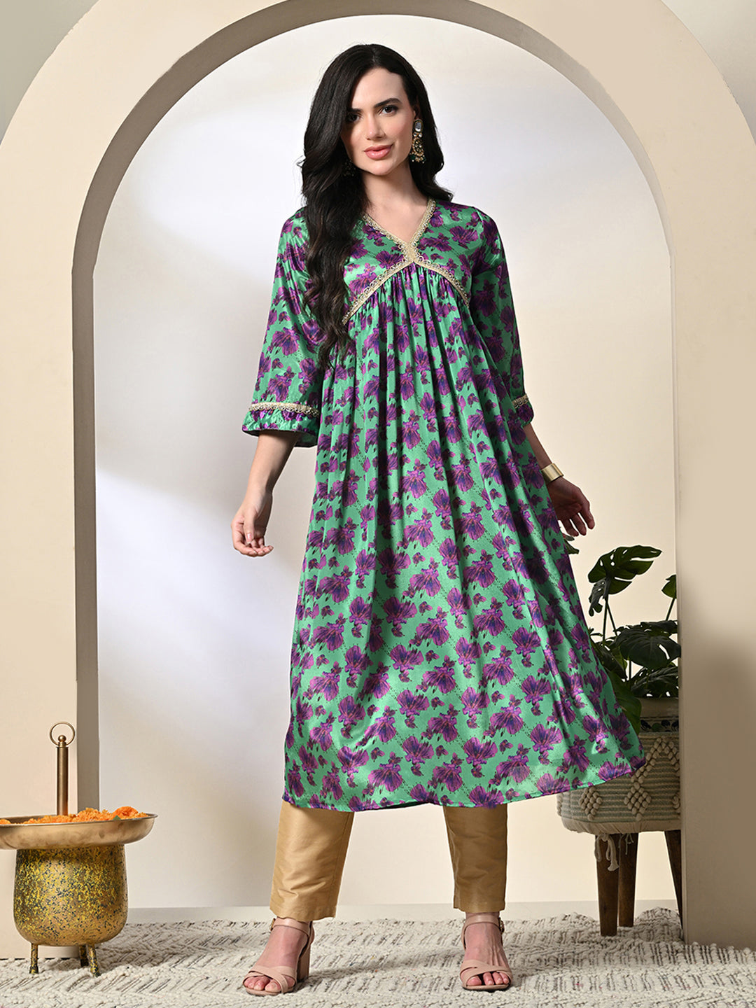 Myshka Women's Chinon Printed Alia-cut Kurta in Green Color