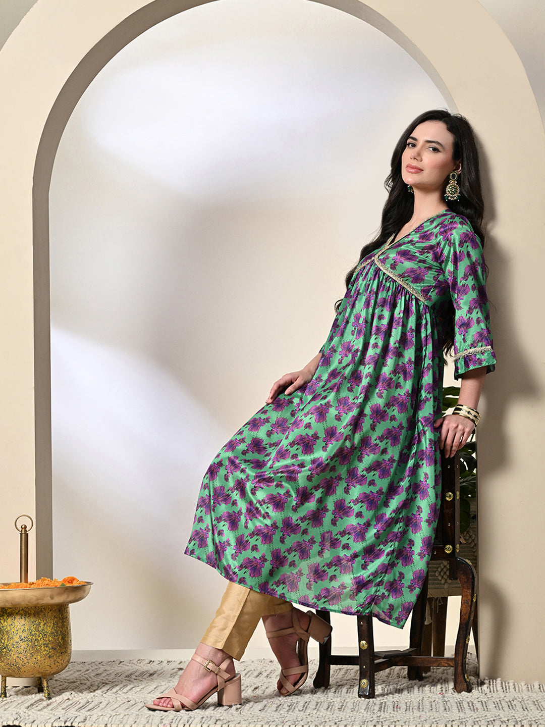 Myshka Women's Chinon Printed Alia-cut Kurta in Green Color