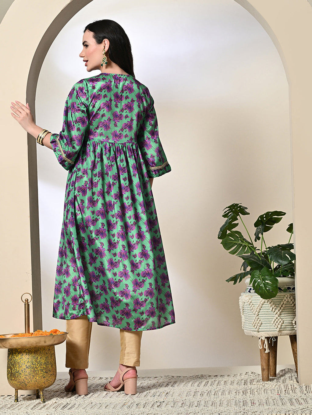 Myshka Women's Chinon Printed Alia-cut Kurta in Green Color