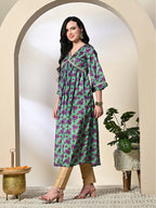 Myshka Women's Chinon Printed Alia-cut Kurta in Green Color