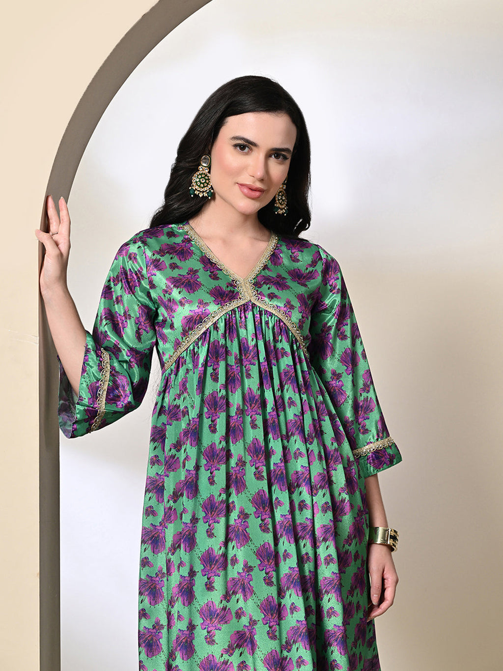 Myshka Women's Chinon Printed Alia-cut Kurta in Green Color