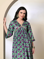 Myshka Women's Chinon Printed Alia-cut Kurta in Green Color