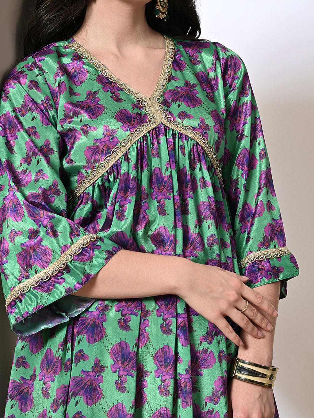 Myshka Women's Chinon Printed Alia-cut Kurta in Green Color