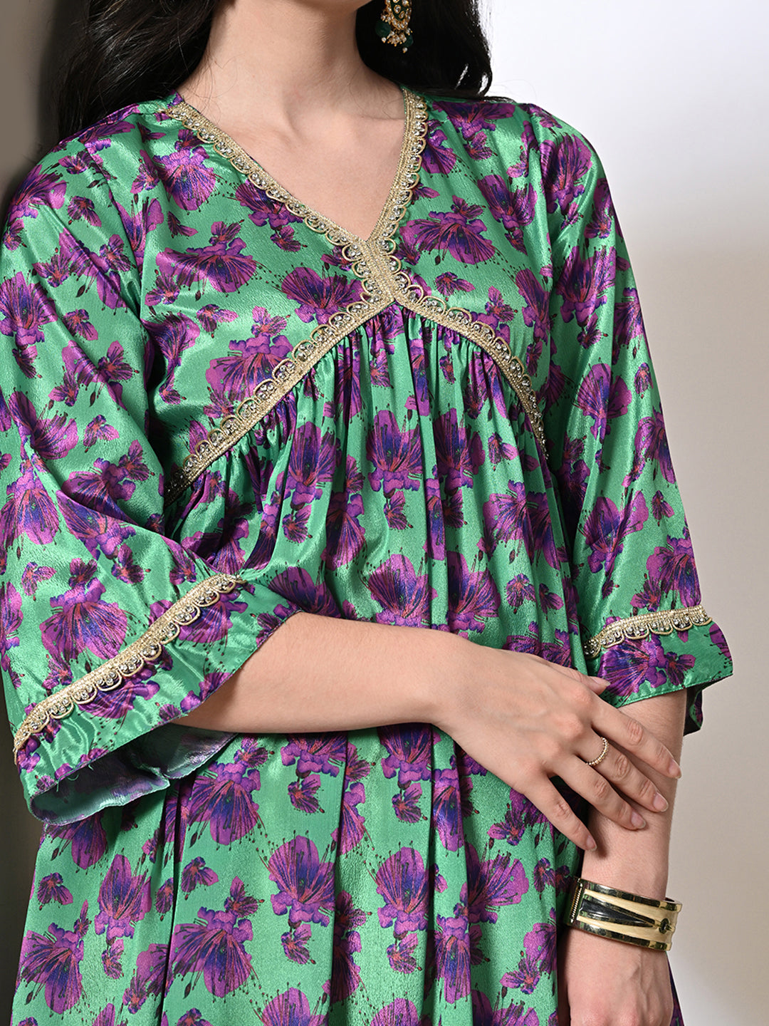 Myshka Women's Chinon Printed Alia-cut Kurta in Green Color