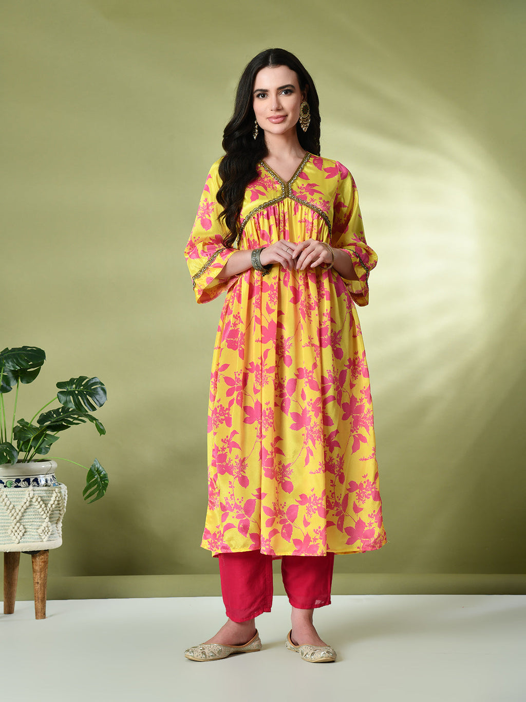 Myshka Women's Chinon Printed Alia-cut Kurta in Yellow Color