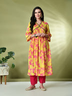 Myshka Women's Chinon Printed Alia-cut Kurta in Yellow Color