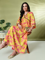 Myshka Women's Chinon Printed Alia-cut Kurta in Yellow Color