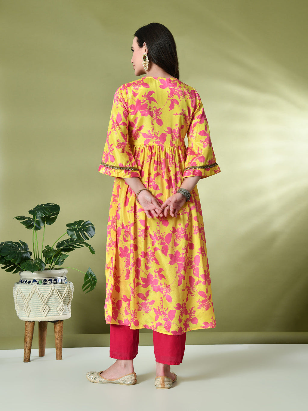 Myshka Women's Chinon Printed Alia-cut Kurta in Yellow Color