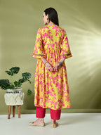 Myshka Women's Chinon Printed Alia-cut Kurta in Yellow Color