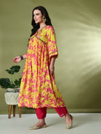 Myshka Women's Chinon Printed Alia-cut Kurta in Yellow Color