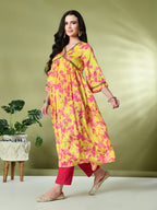 Myshka Women's Chinon Printed Alia-cut Kurta in Yellow Color