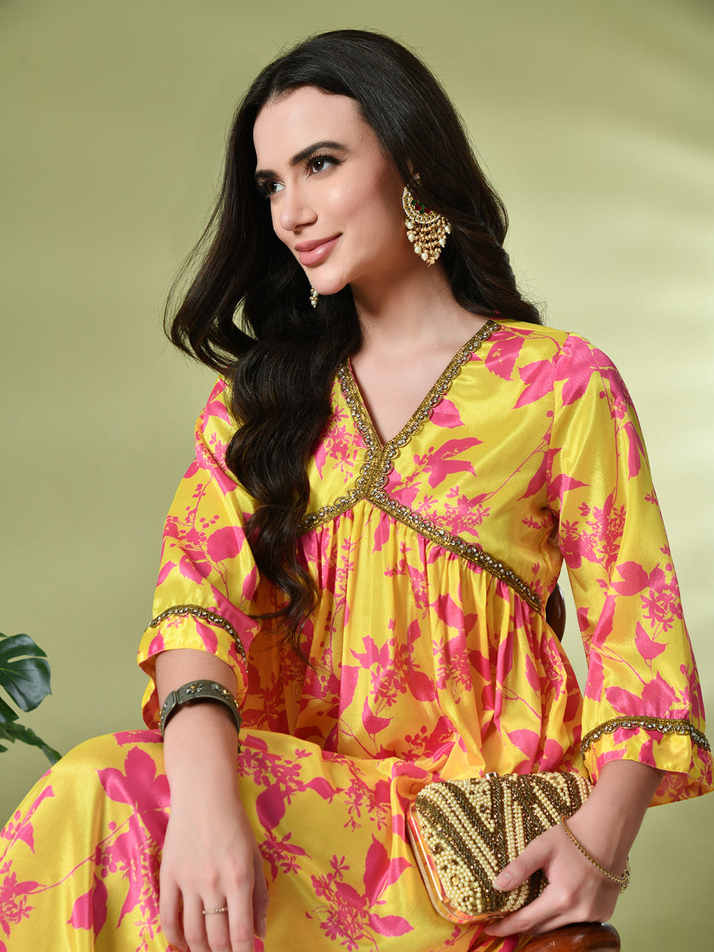 Myshka Women's Chinon Printed Alia-cut Kurta in Yellow Color