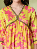 Myshka Women's Chinon Printed Alia-cut Kurta in Yellow Color