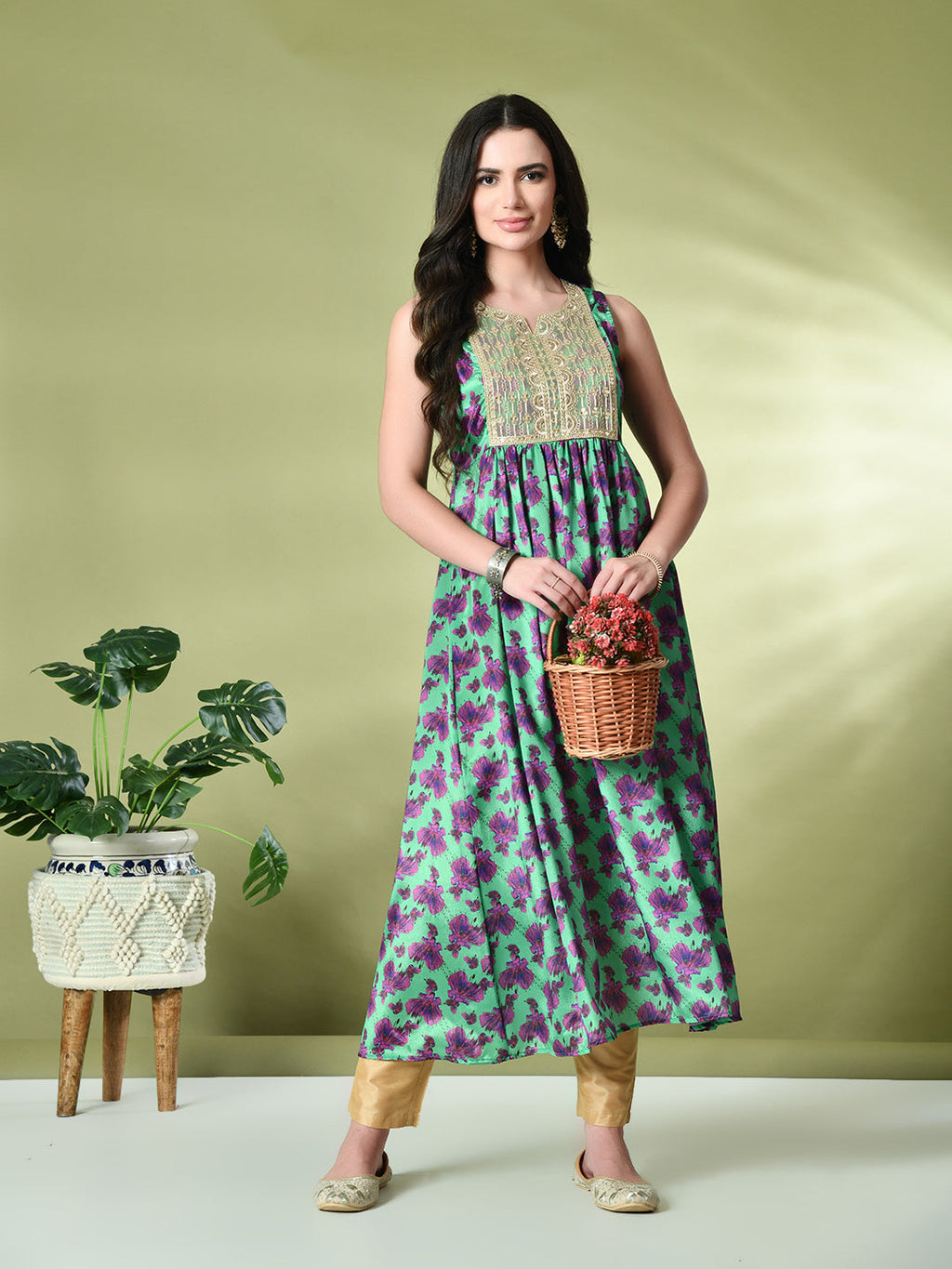 Myshka Women's Chinon Embroidered Flayerd Kurta in Green Color