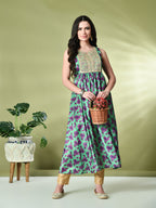 Myshka Women's Chinon Embroidered Flayerd Kurta in Green Color