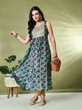 Myshka Women's Chinon Embroidered Flayerd Kurta in Green Color