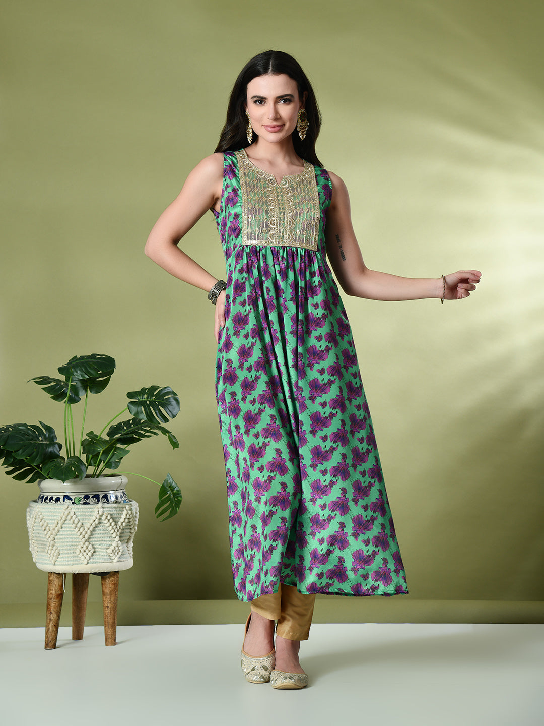 Myshka Women's Chinon Embroidered Flayerd Kurta in Green Color