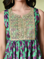 Myshka Women's Chinon Embroidered Flayerd Kurta in Green Color
