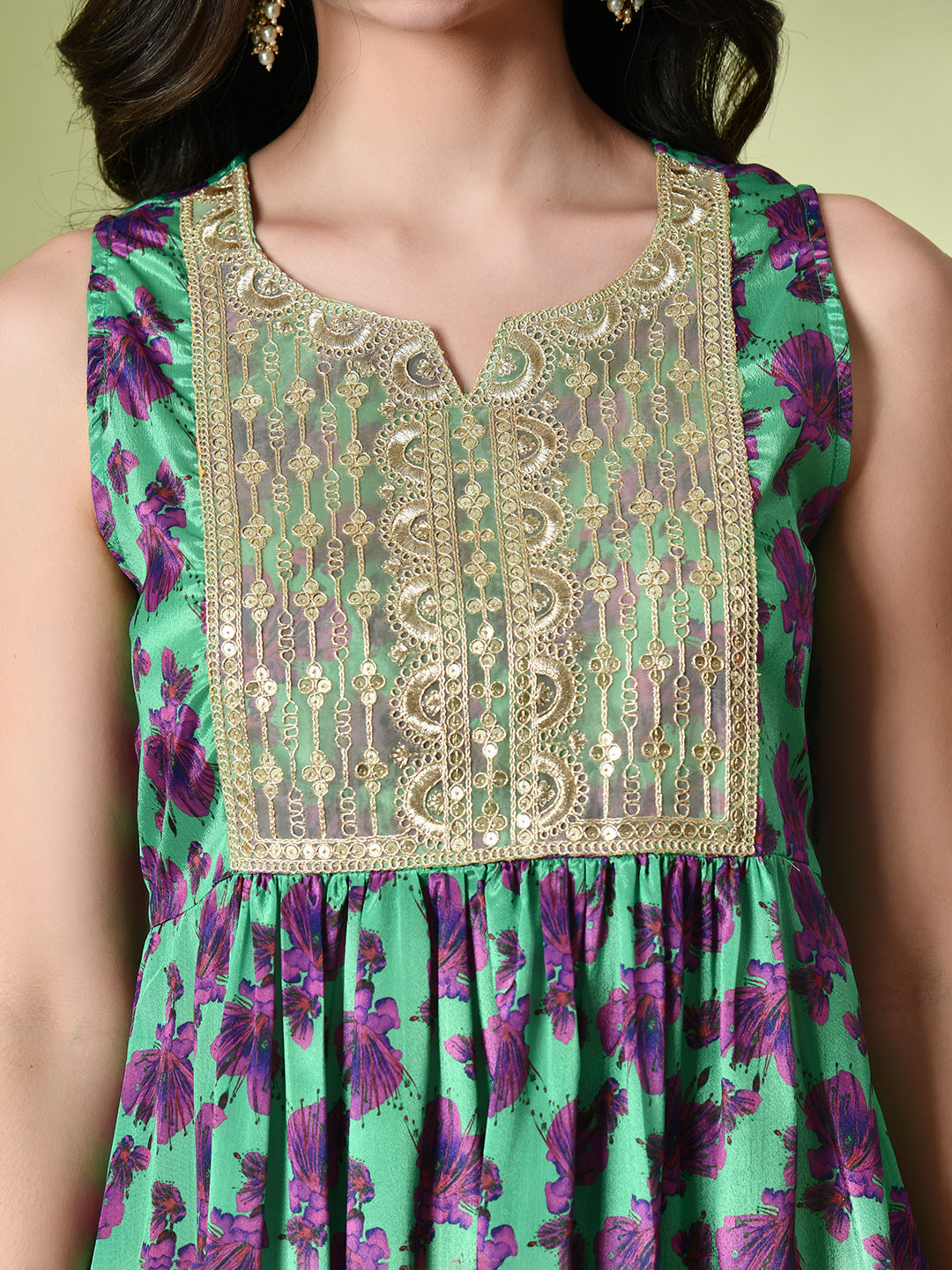 Myshka Women's Chinon Embroidered Flayerd Kurta in Green Color