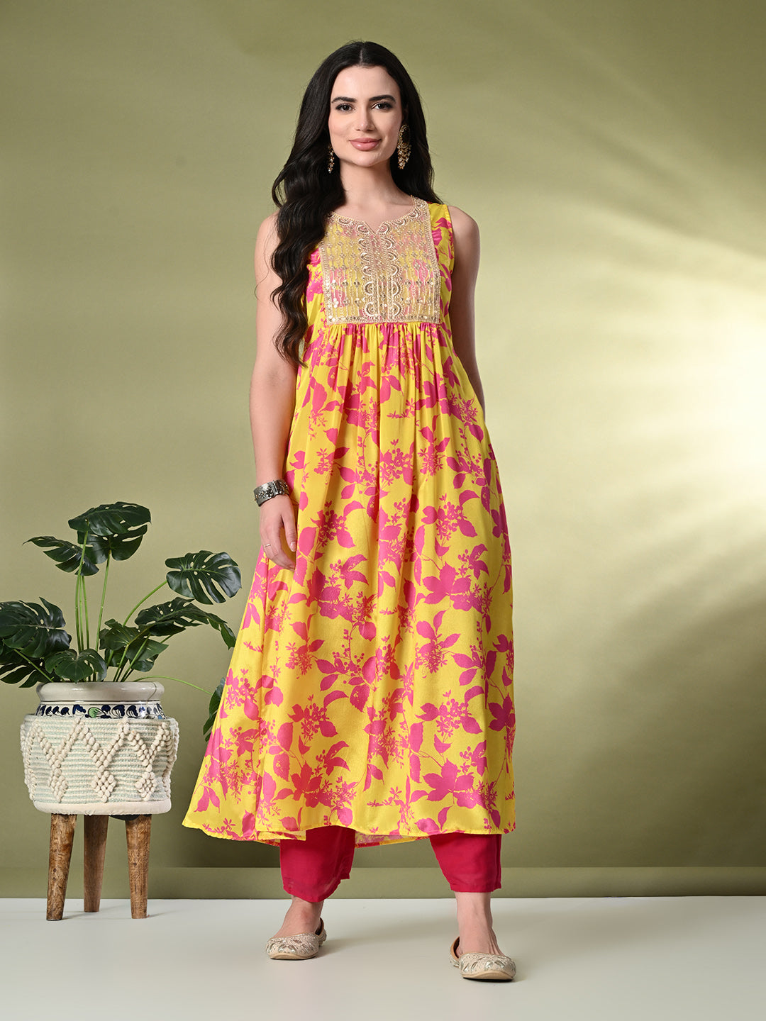 Myshka Women's Chinon Embroidered Flayerd Kurta in Yellow Color