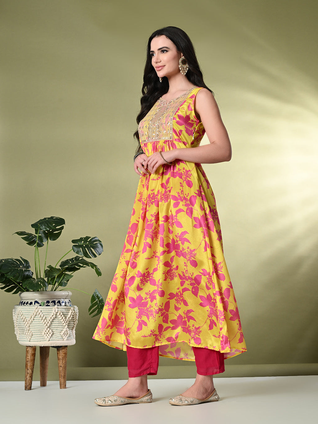 Myshka Women's Chinon Embroidered Flayerd Kurta in Yellow Color
