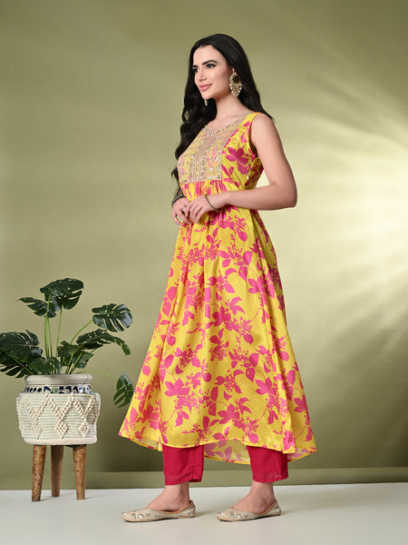 Myshka Women's Chinon Embroidered Flayerd Kurta in Yellow Color