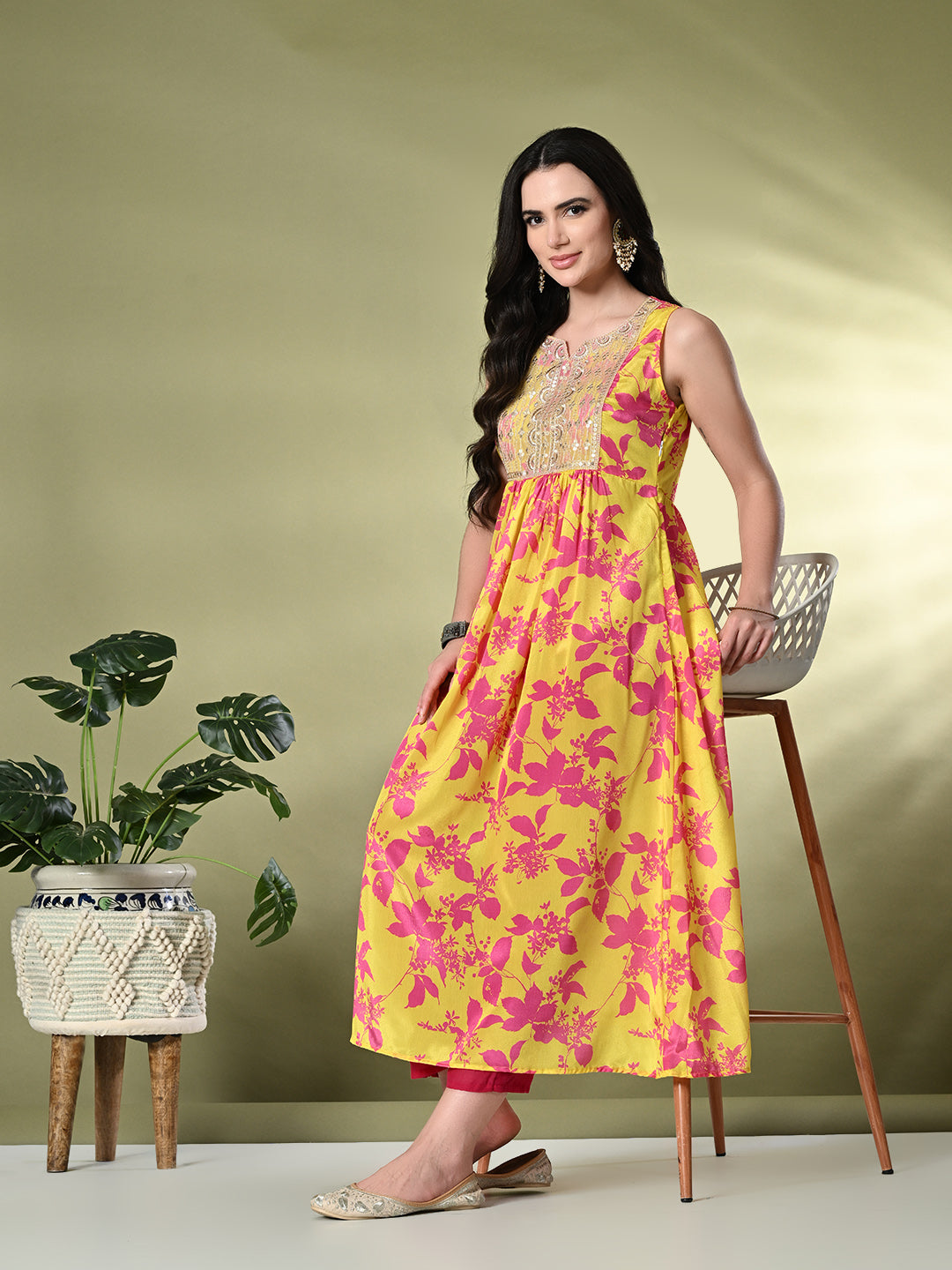 Myshka Women's Chinon Embroidered Flayerd Kurta in Yellow Color