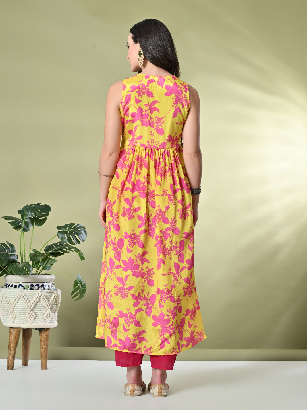 Myshka Women's Chinon Embroidered Flayerd Kurta in Yellow Color