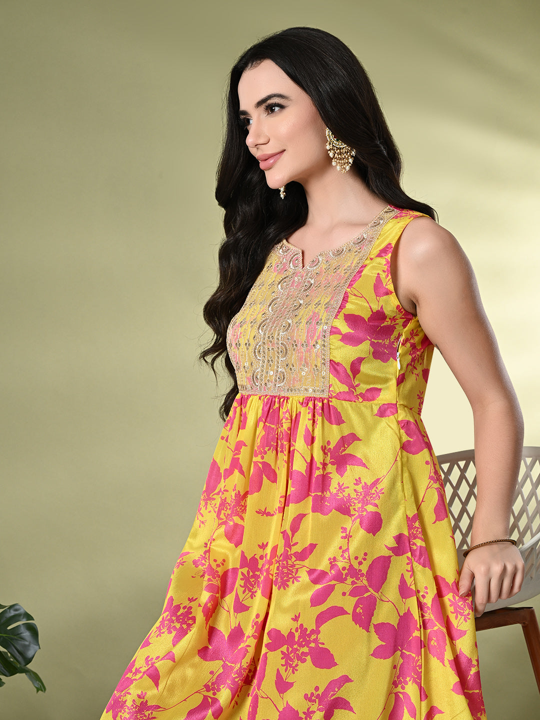 Myshka Women's Chinon Embroidered Flayerd Kurta in Yellow Color