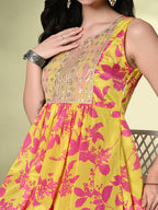 Myshka Women's Chinon Embroidered Flayerd Kurta in Yellow Color