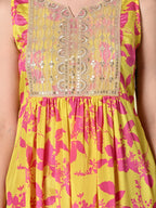 Myshka Women's Chinon Embroidered Flayerd Kurta in Yellow Color