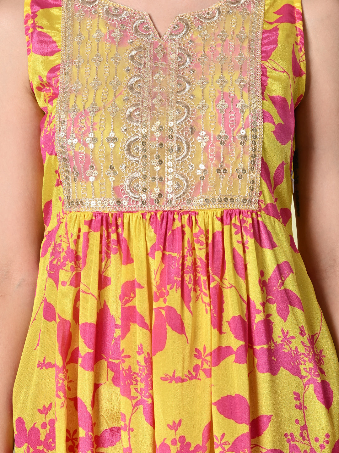 Myshka Women's Chinon Embroidered Flayerd Kurta in Yellow Color