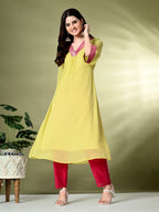 Myshka Women's Georgette Solid A-Line Kurta in Yellow Color