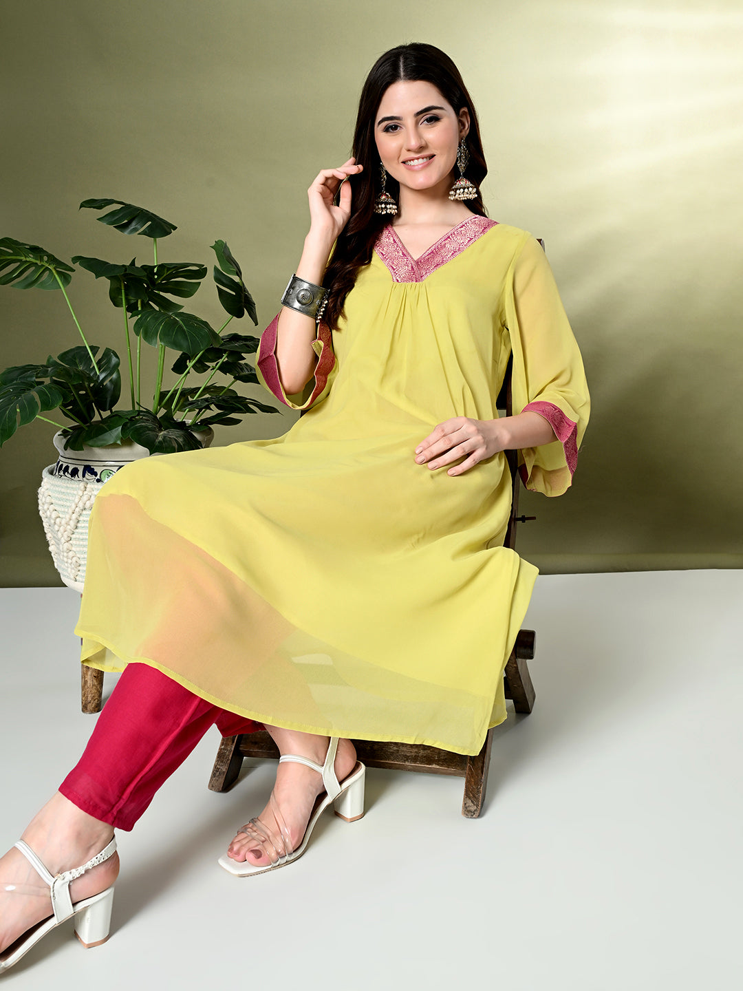 Myshka Women's Georgette Solid A-Line Kurta in Yellow Color