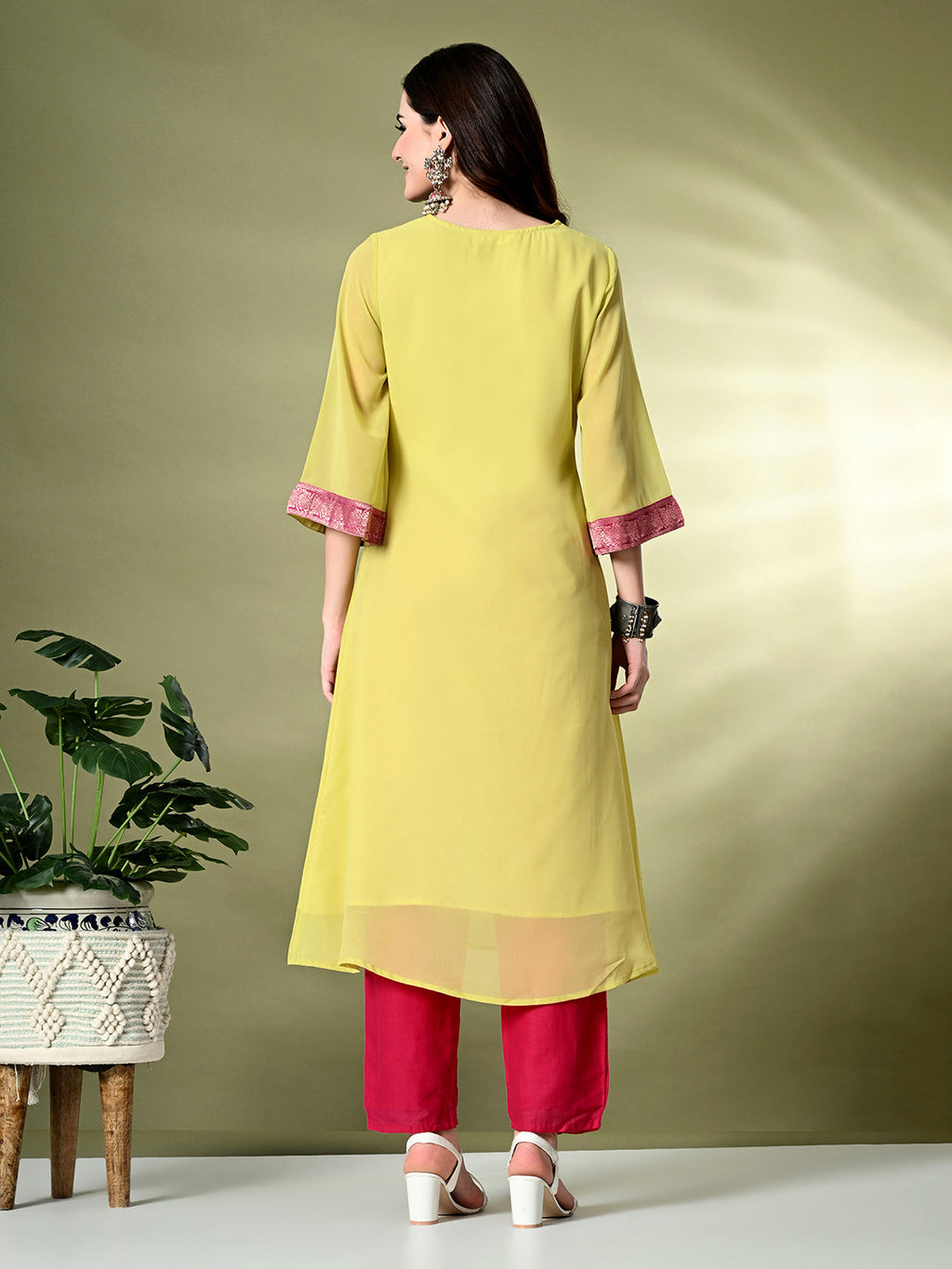 Myshka Women's Georgette Solid A-Line Kurta in Yellow Color