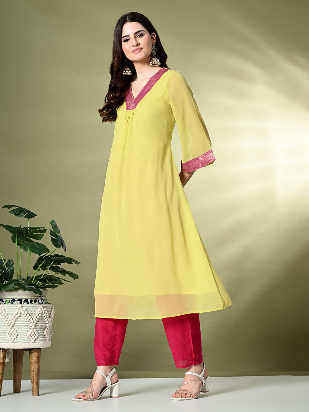 Myshka Women's Georgette Solid A-Line Kurta in Yellow Color