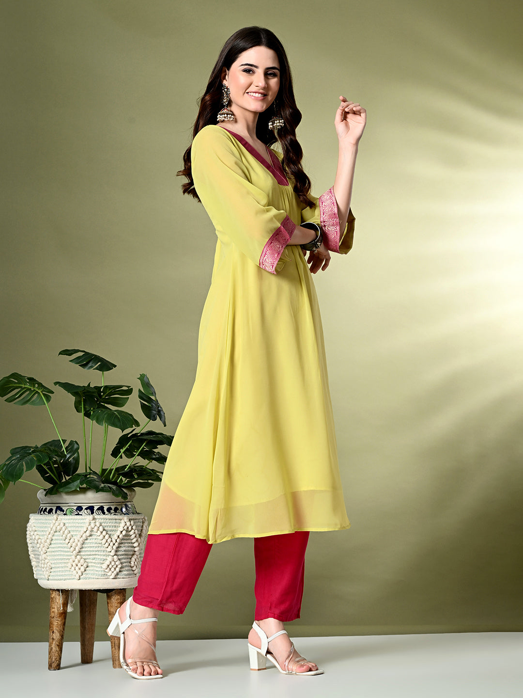 Myshka Women's Georgette Solid A-Line Kurta in Yellow Color