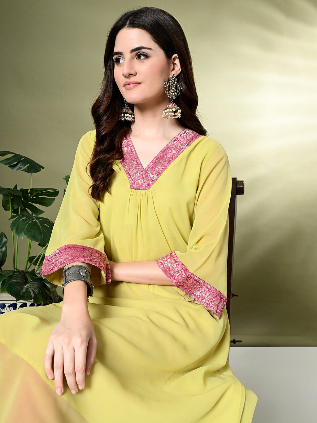Myshka Women's Georgette Solid A-Line Kurta in Yellow Color