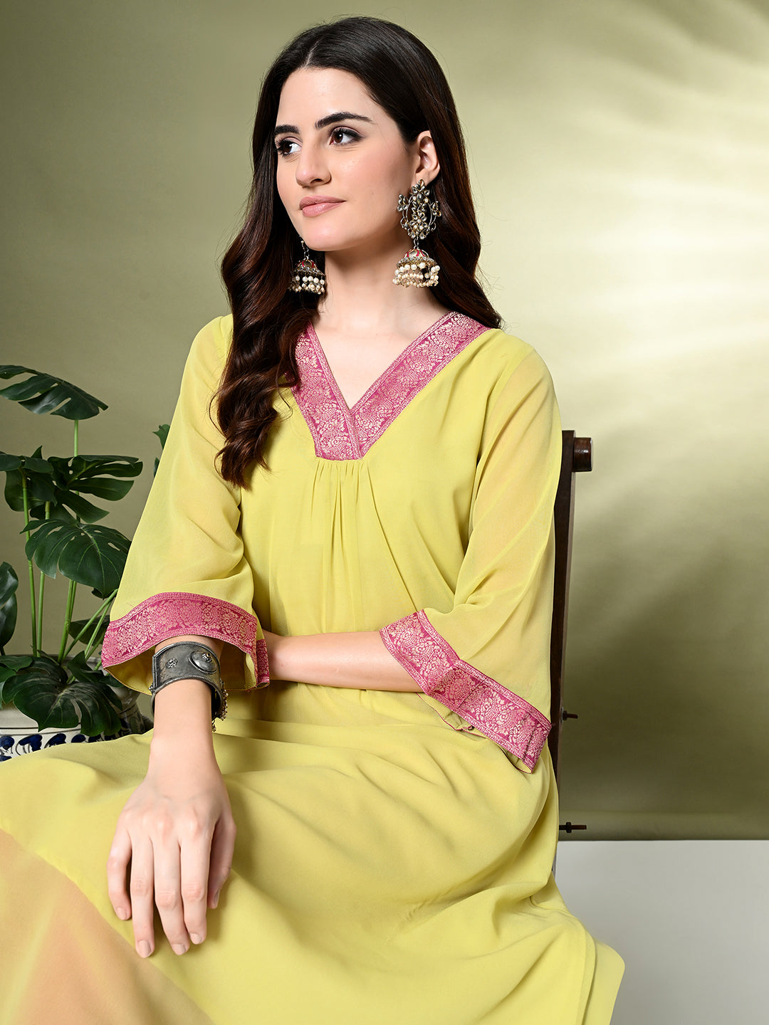 Myshka Women's Georgette Solid A-Line Kurta in Yellow Color