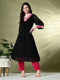 Myshka Women's Georgette Solid A-Line Kurta in Black Color
