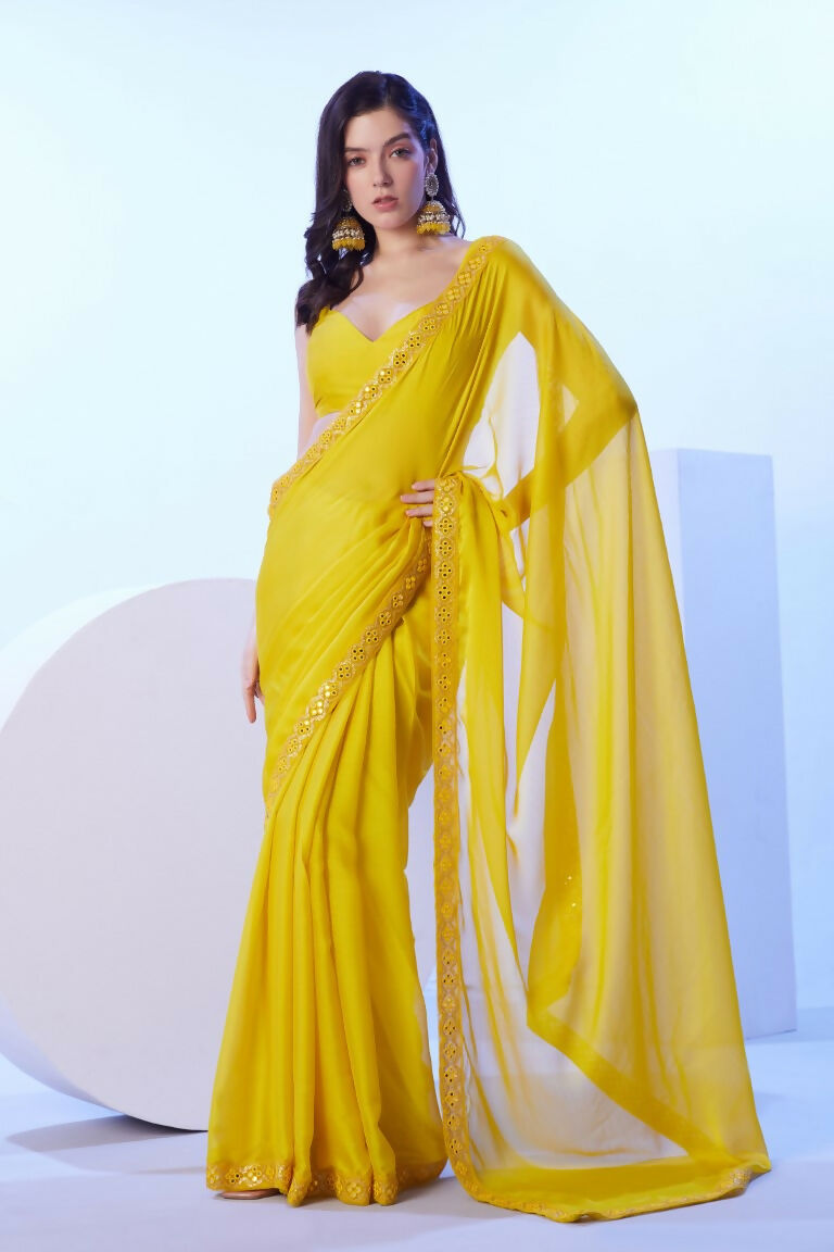 Yellow Moss Solid Designer & Lace Work Saree - Samaa